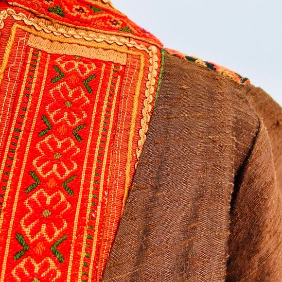 Vintage 90s Hmong Brown Silk Embroidered Thai Tribal Jacket - Picture 5 of 8